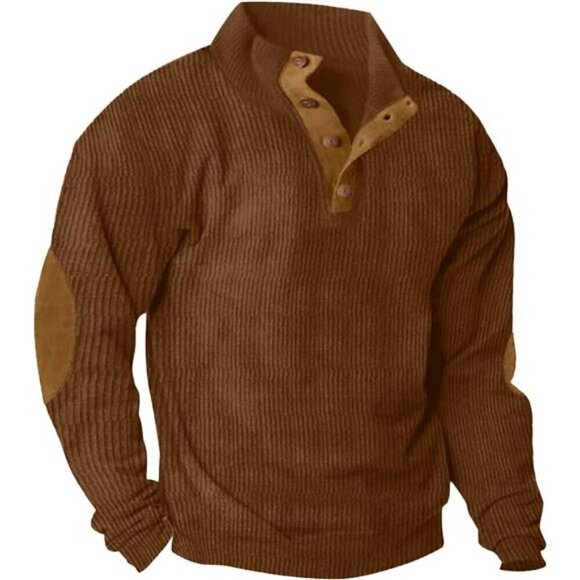 Mens Corduroy Sweatshirt Long Sleeve Button Pullover Stand Collar Thermal Top - Picture 1 of 7